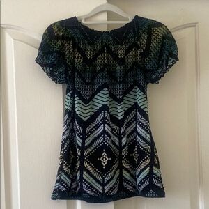 Style & Co. Navy and Light Blue Patterned Peasant Blouse